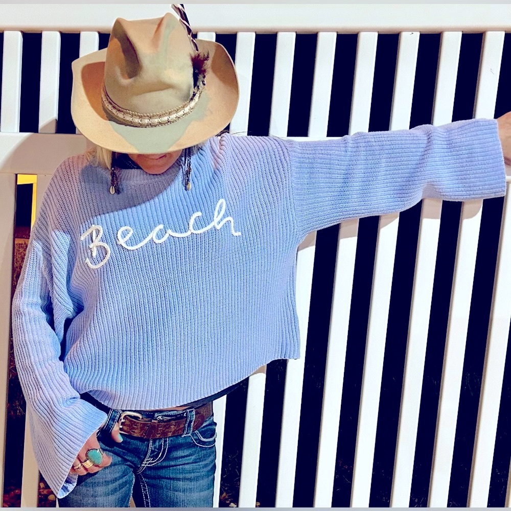 Blue Sweater with 'Beach' Embroidery